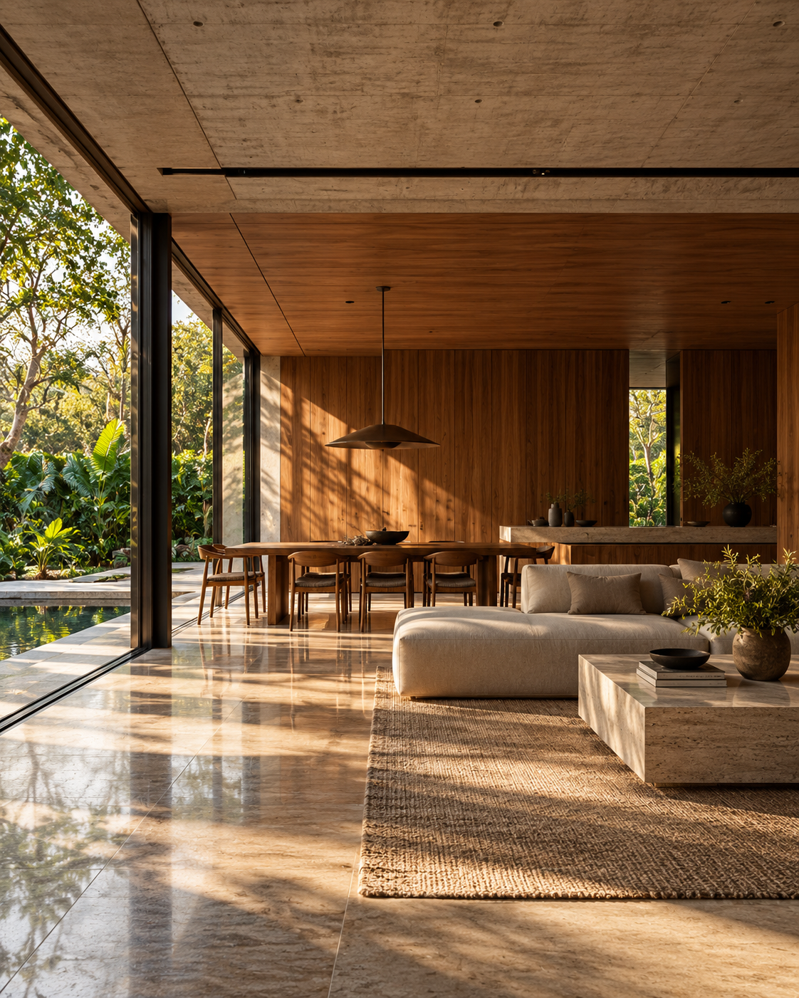 Apartamento minimalista em concreto e madeira