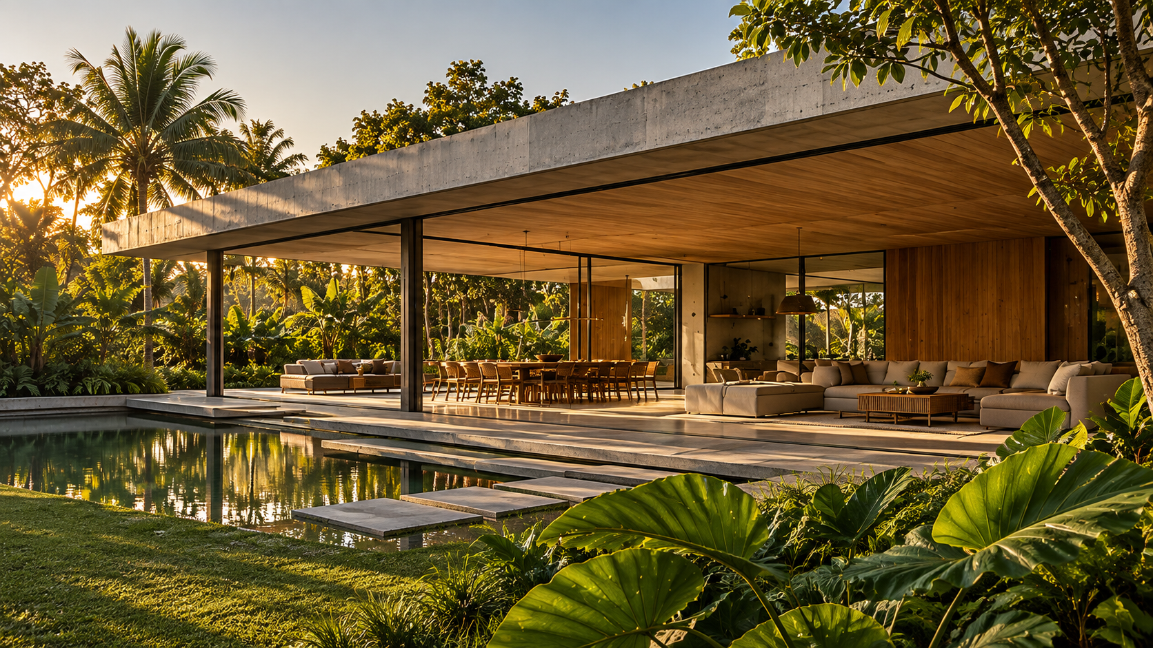 Casa contemporânea aberta para jardim tropical