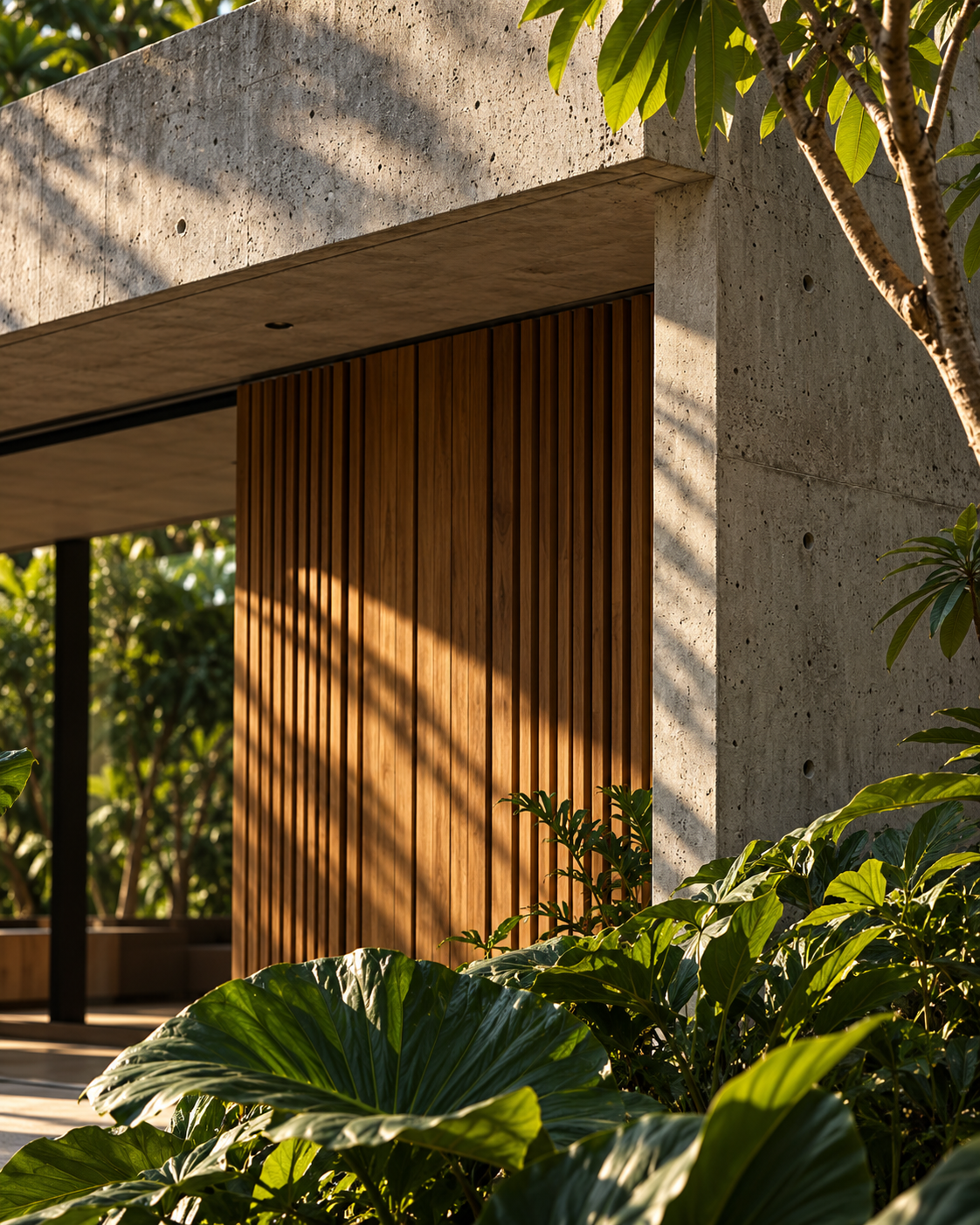Concreto aparente, madeira e vegetação